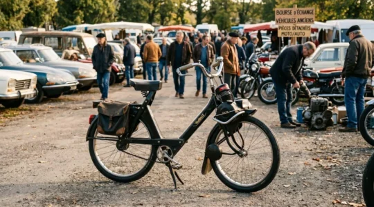 Solex 3800 en état d'origine garé lors d'une bourse d'échange de véhicules anciens, lumière naturelle mettant en valeur les détails du véhicule vintage