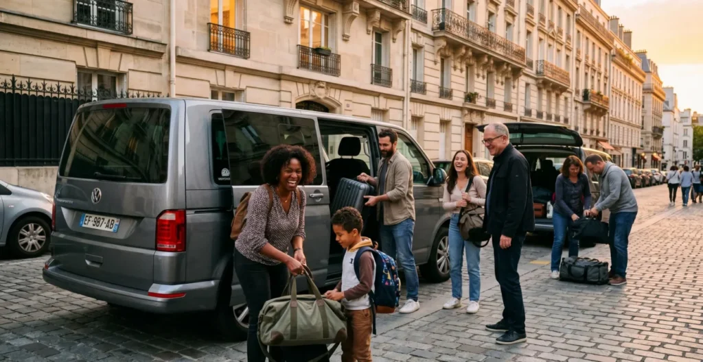 Groupe familial mixte de sept personnes préparant départ en minibus gris dans rue résidentielle parisienne avec immeubles haussmanniens, portières ouvertes, sacs de voyage visibles, lumière dorée fin d'après-midi Groupe familial mixte de sept personnes préparant départ en minibus gris dans rue résidentielle parisienne avec immeubles haussmanniens, portières ouvertes, sacs de voyage visibles, lumière dorée fin d'après-midi